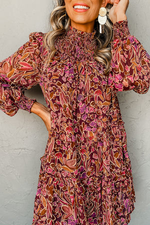 Red Floral Print Long Sleeve Shirred High Neck Loose Mini Dress Red 100%Polyester 37c732d0fb2c8474