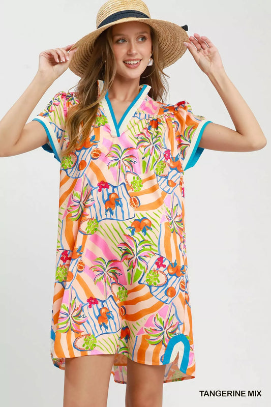 Tropical Print Collared Shift Dress TANGERINE MIX 37ca9cee-4033-44b4-aea0-bc2007187465-Max-Origin