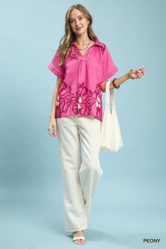 Floral Split-Neck Short Sleeve Top 37cb3eec-d44b-4a19-ab3e-b3adeb804382-Max