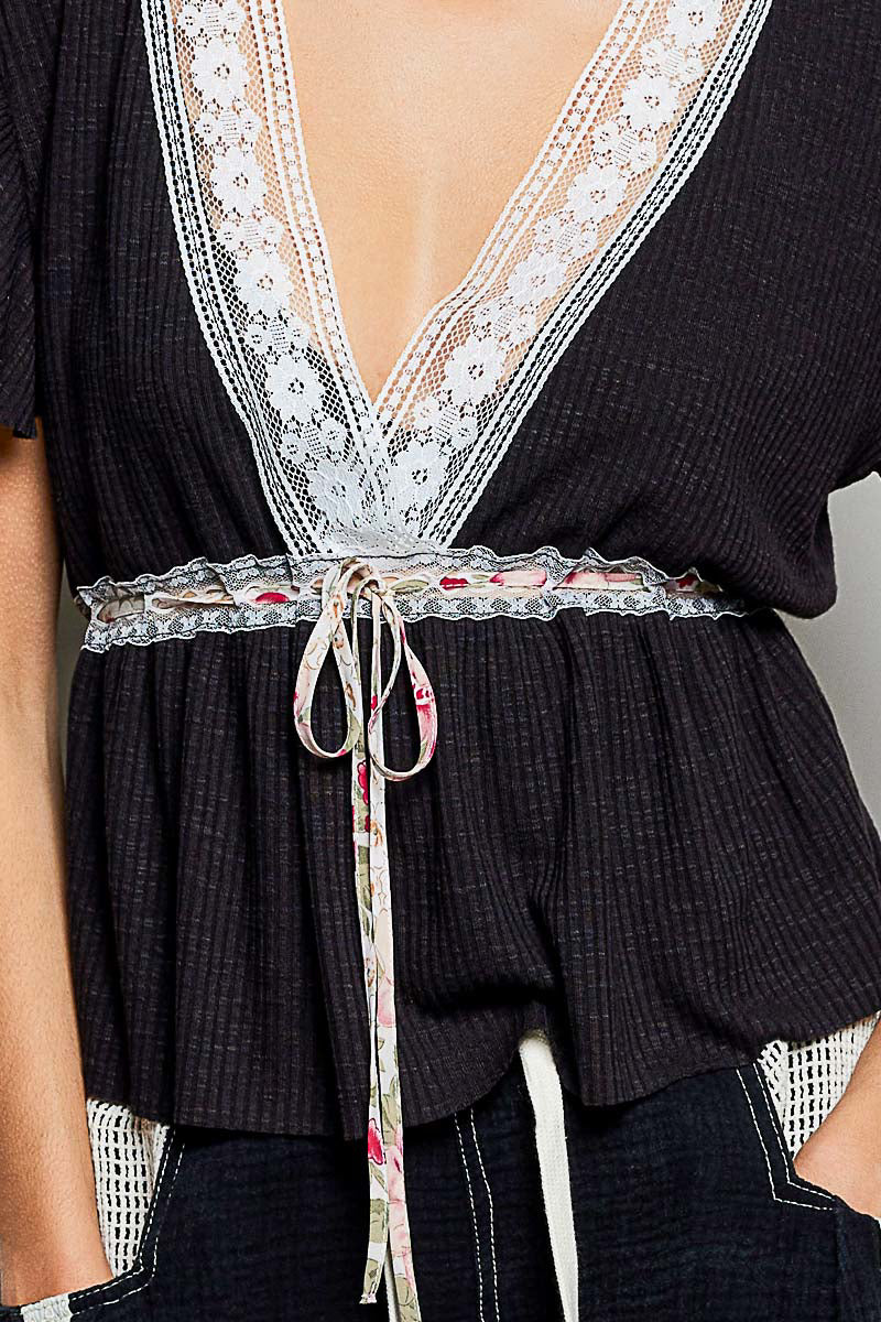 POL Tied Ruffled V-Neck Short Sleeve Blouse with Lace Detail 37d47ccd-ef47-44d6-a84a-e7661636474b-Max