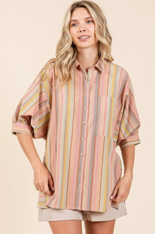 Mittoshop Striped Bubble Sleeve Button Down Shirt 37d8ea61-8a88-49a5-a7be-5600aa05e5e6-Max