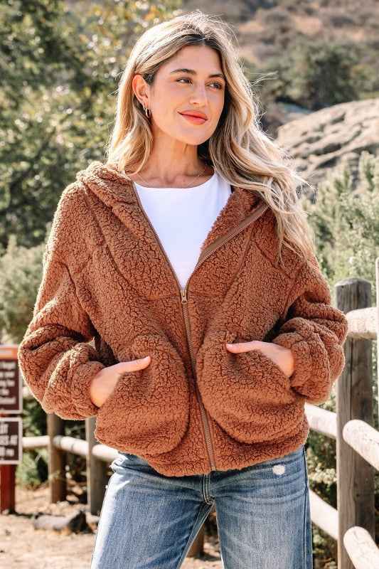 Solid Sherpa Fleece Zip Up Hooded Jacket Straw Yellow 37db6ec8-84a3-43b3-bef6-ebebf501bea5