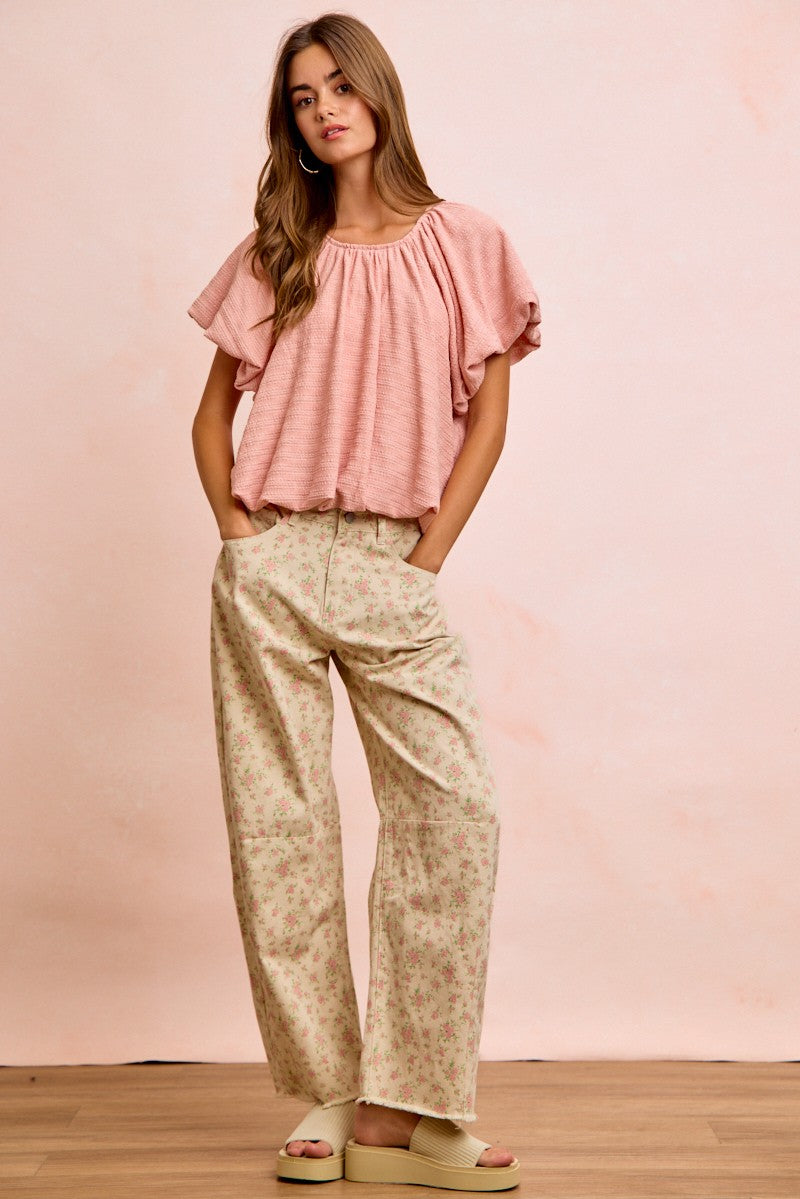BiBi Stripes Textured Shirred Neckline Bubble Hem Top 37db9250d7c84601b2e017ac0ceed847-Max