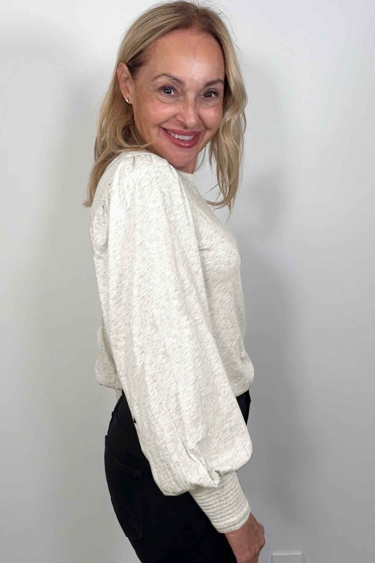 Oatmeal Shirred Cuffs Puff Sleeve Peasant Top 37dbd0f2d401be79