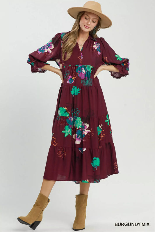 Floral Print Tiered Midi Dress with Puff Sleeves 37f9e400-c3f4-4930-b0fb-68affc98a280-Max-Origin
