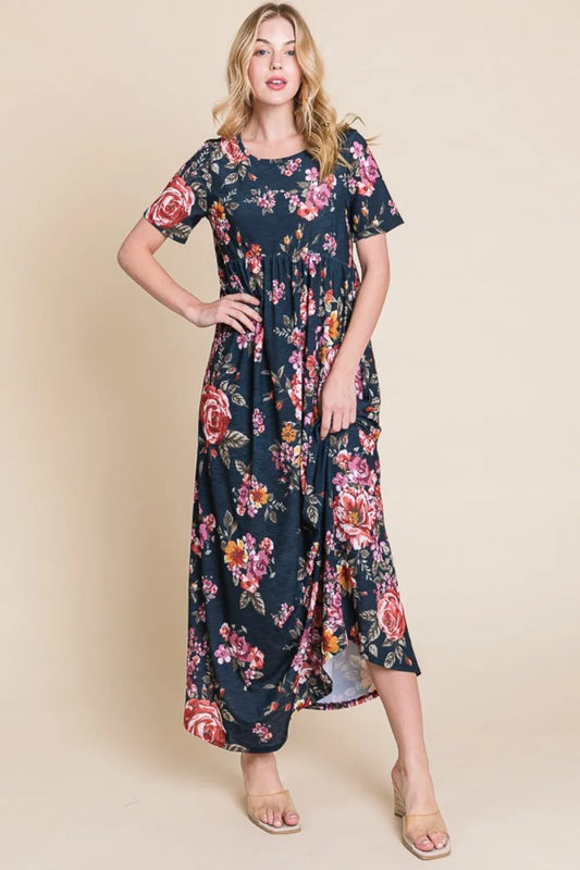 Shirred Floral Short Sleeve Maxi Dress - Flowy Silhouette 37fb3421-ed4f-496b-a33f-3005243df7cf-Max