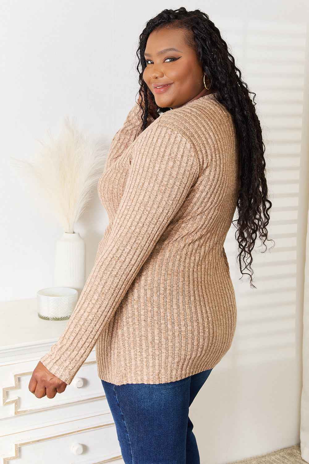 Double Take Notched Neck Ribbed Long Sleeve T-Shirt 3802a142200e4819913f1906c249f977-Max
