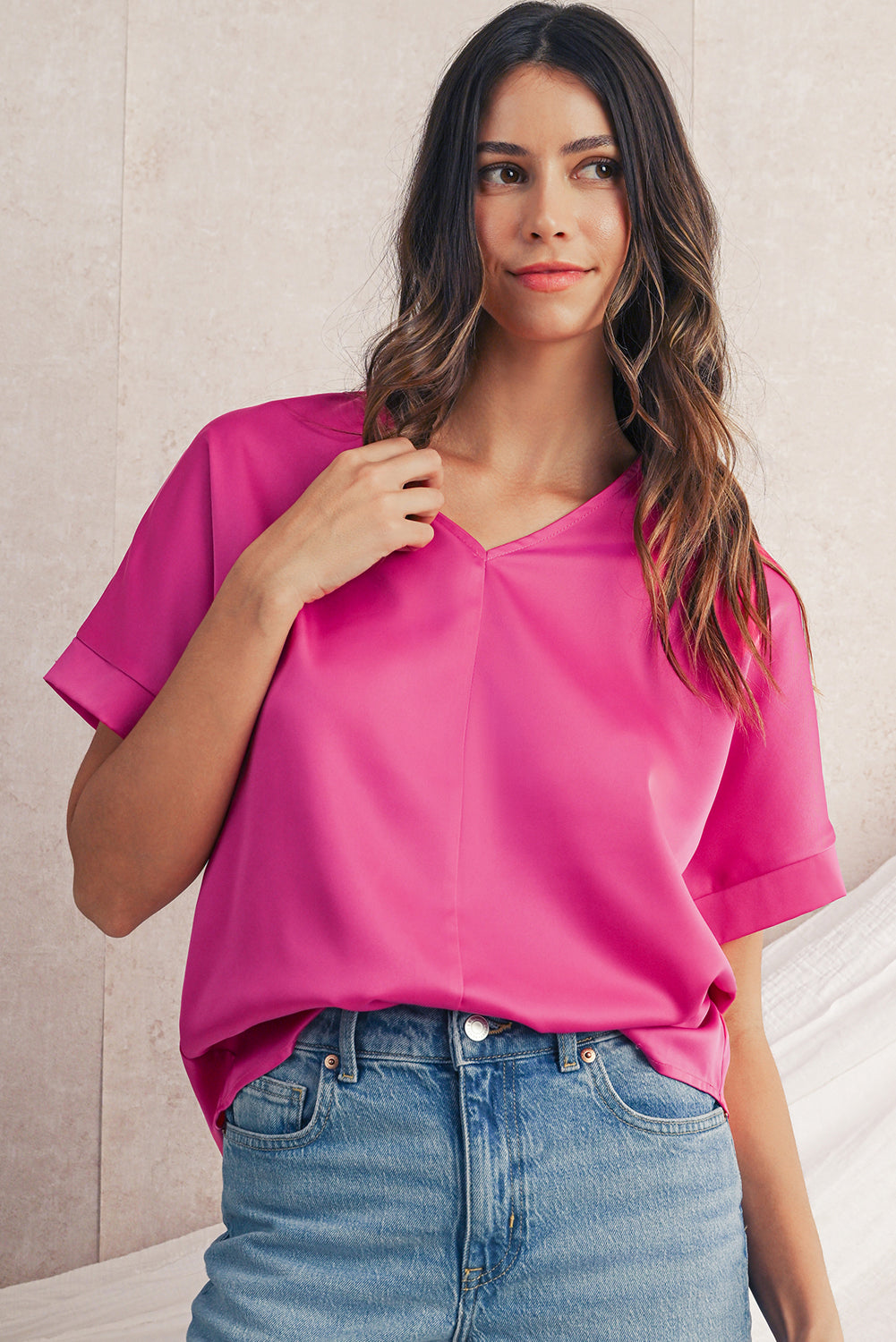 Bright Pink Plain V-Neck Dolman Sleeve Loose Top 3802fbbf657dfc3b