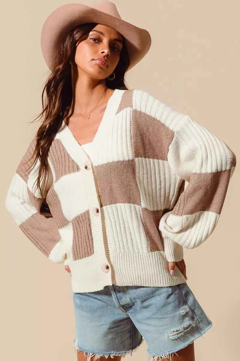 SO ME Checkered Button Front Ribbed Sweater Cardigan 38031355ea774f45865a88ecd999dd9f-Max-Origin