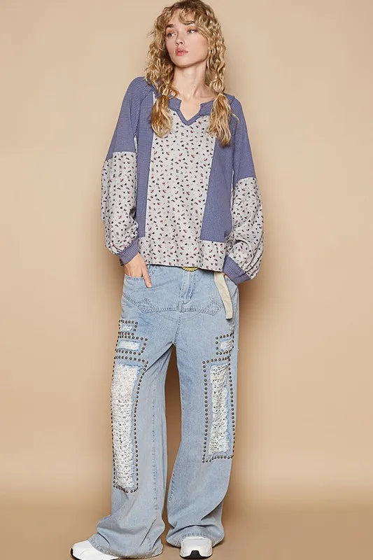 POL Waffle Knit Floral Notched Long Sleeve Top 3804daee-0bf8-4d94-8e49-731c0917e8d6-Max
