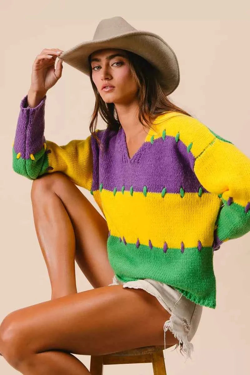 BiBi Stitch Detail Mardi Gras Stripes Sweater 380ac22f9a294843a4ebf9b533ed2c9e-Max-Origin
