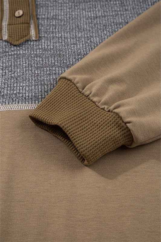 Waffle Knit Patchwork Buttoned Hooded Sweatshirt 380b4f71-38e5-40b0-b288-fff7f4f743f3