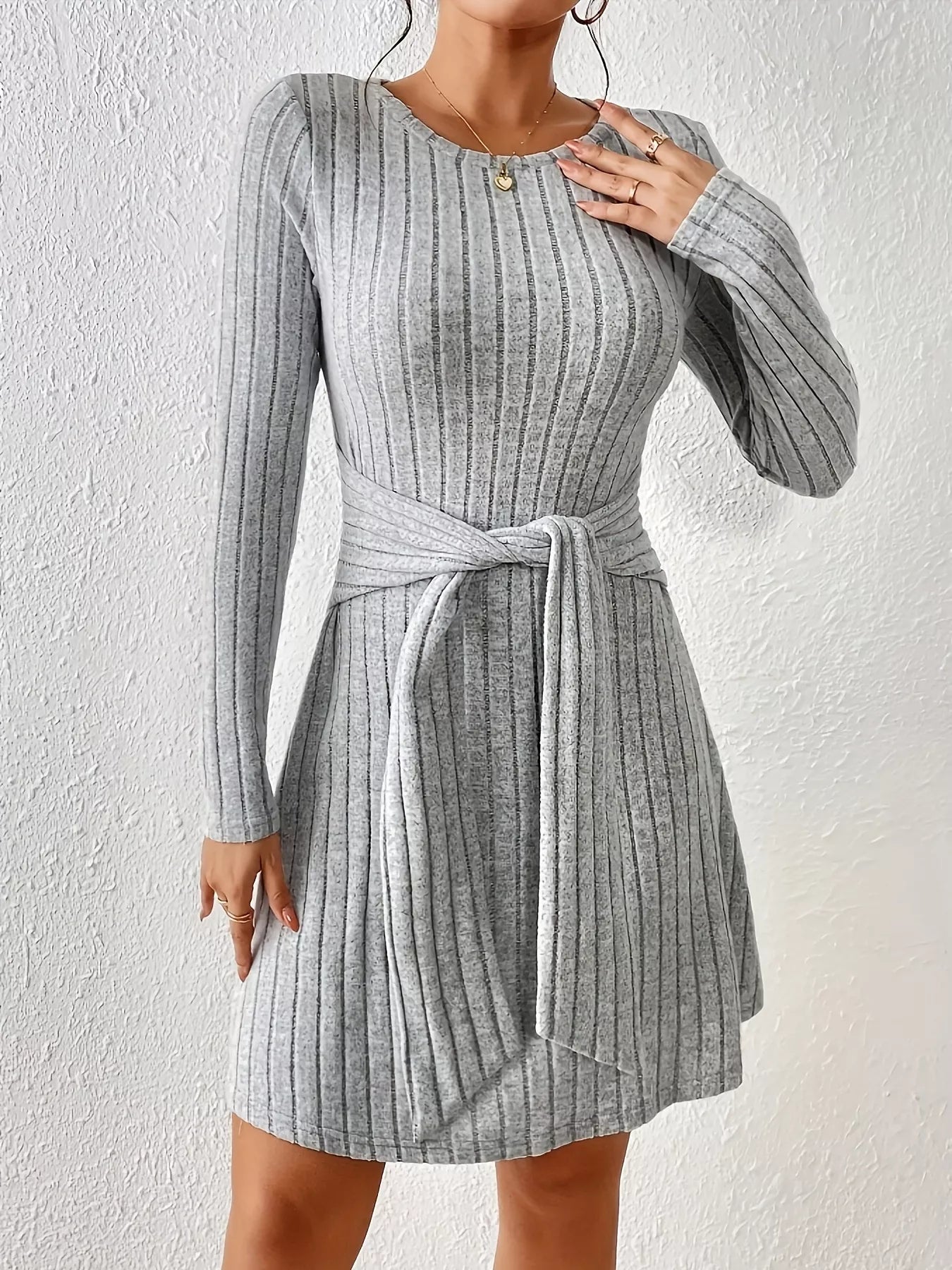 Ribbed Knit Tie Waist Long Sleeve Casual Dress 380c204aa31f49feb62e58f803d98532-Max-Origin