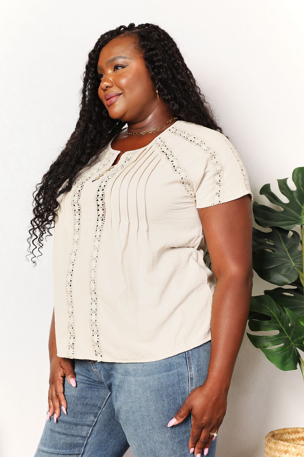 Double Take Crochet Buttoned Short Sleeves Top 380d1b770b4e4555bed038a81468f94b-Max
