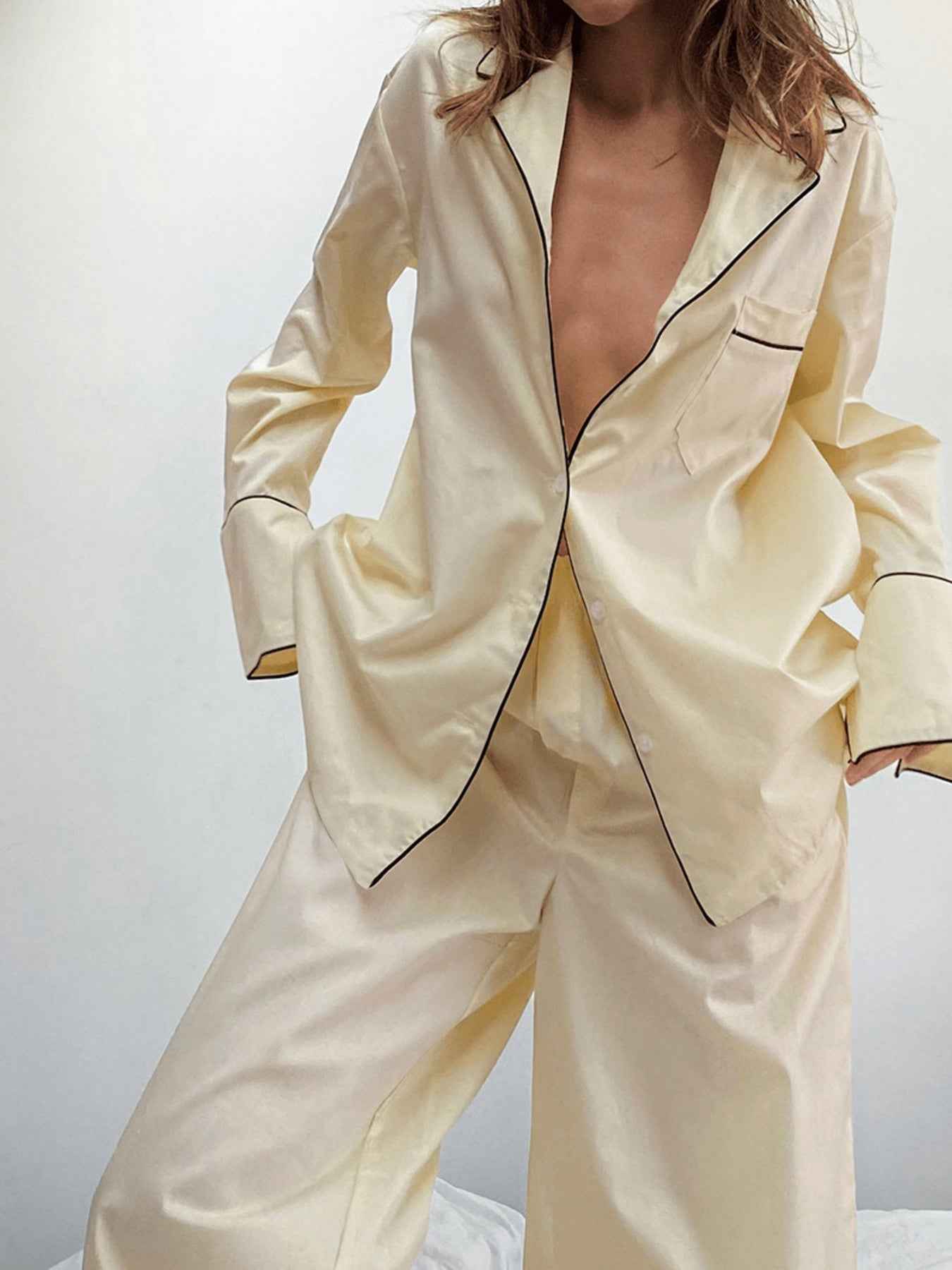 Contrast Trim Button Up Top and Pants Lounge Set Beige 3816e070503e480fade4d3d6b3215ef4-Max