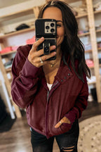 Burgundy Waffle Splicing Zip Up Front Button Hooded Jacket 381aaf63cdc05922