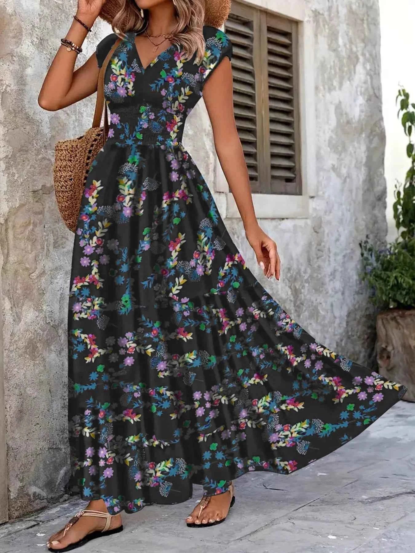 Plus Size Floral V-Neck Cap Sleeve Maxi Dress 381c8e483d484de4a949b386155f20af-Max-Origin