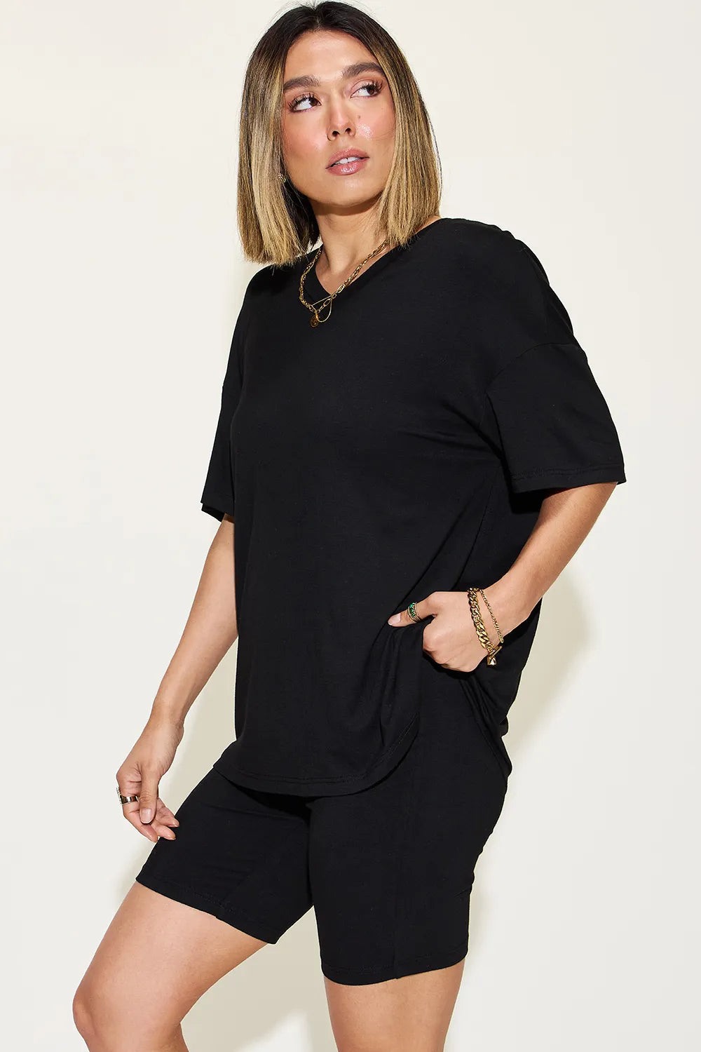 Basic Bae Full Size V-Neck Drop Shoulder T-Shirt and Shorts Set Black 381f503c-2707-41a3-87c9-22cc3ce51cbc-Max