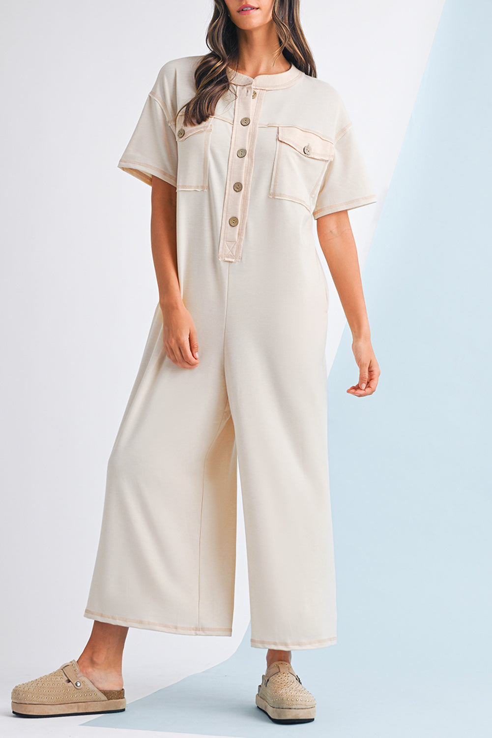 Beau Blue Patchwork Pocket Short Sleeve Jumpsuit Jet Stream 65%Cotton+33%Polyester+2%Elastane 38211b04fb7a064a