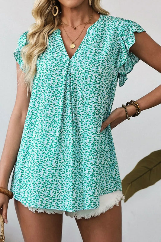 Notched Leopard Ruffle Short Sleeve Blouse Turquoise