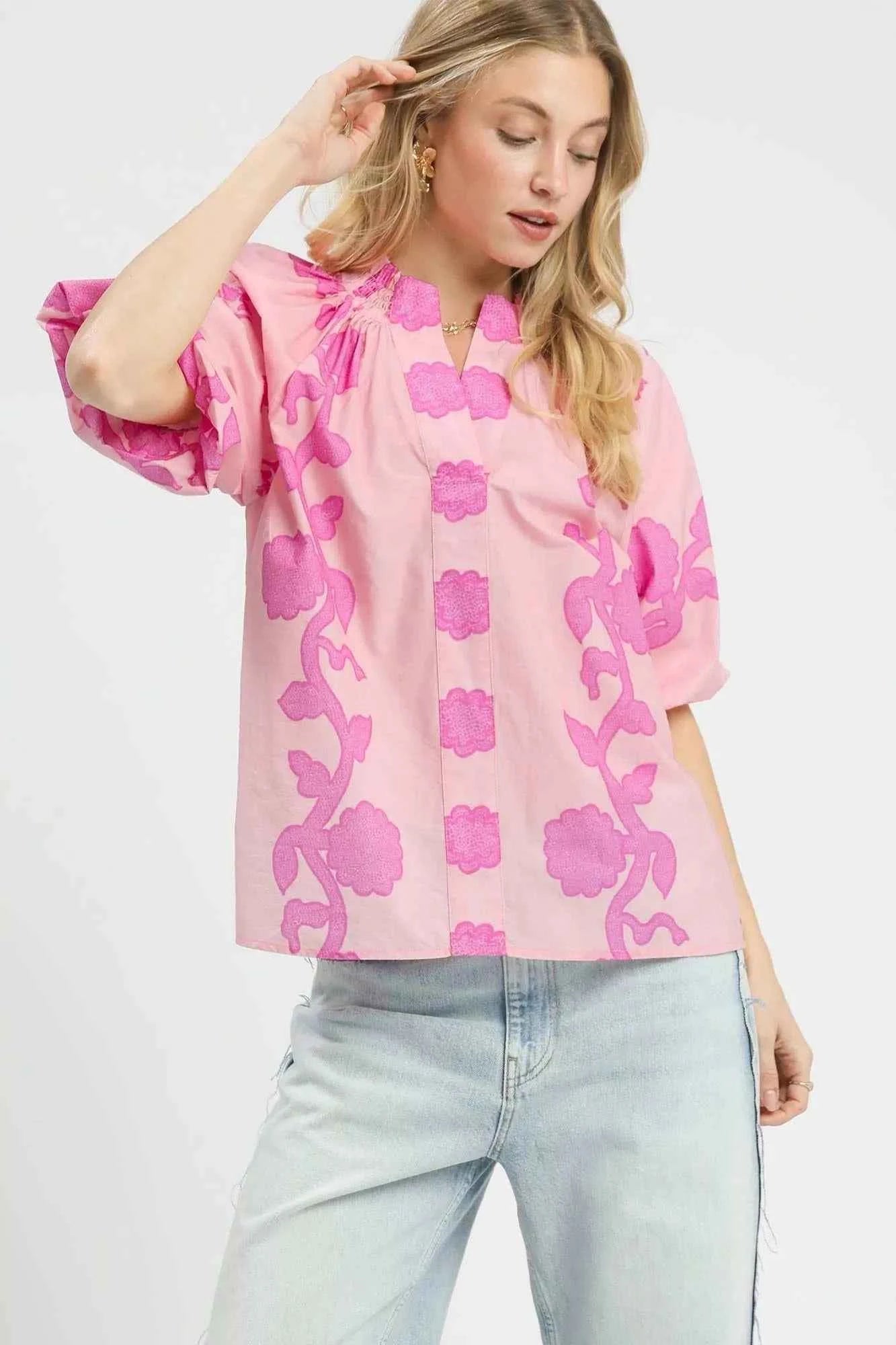 Umgee Floral Smocked Notched Puff Sleeve Blouse PINK 3825cb74-96fd-490c-88d0-44f052c338b2-Max-Origin