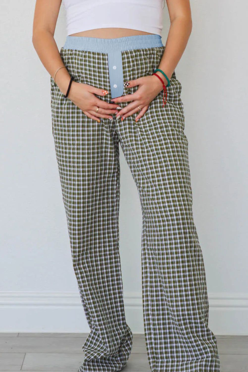Brown Plaid Button High Waist Patchwork Pants 382705d3df10bc27