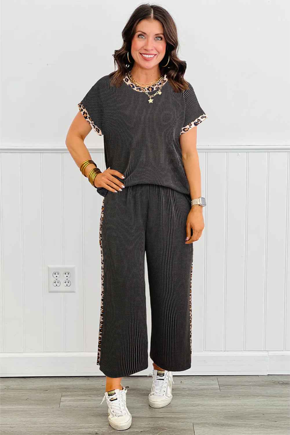 Carbon Grey Leopard Patchwork Trim Twisted Rib T Shirt and Cropped Pants Set 382a08e26eb302d3