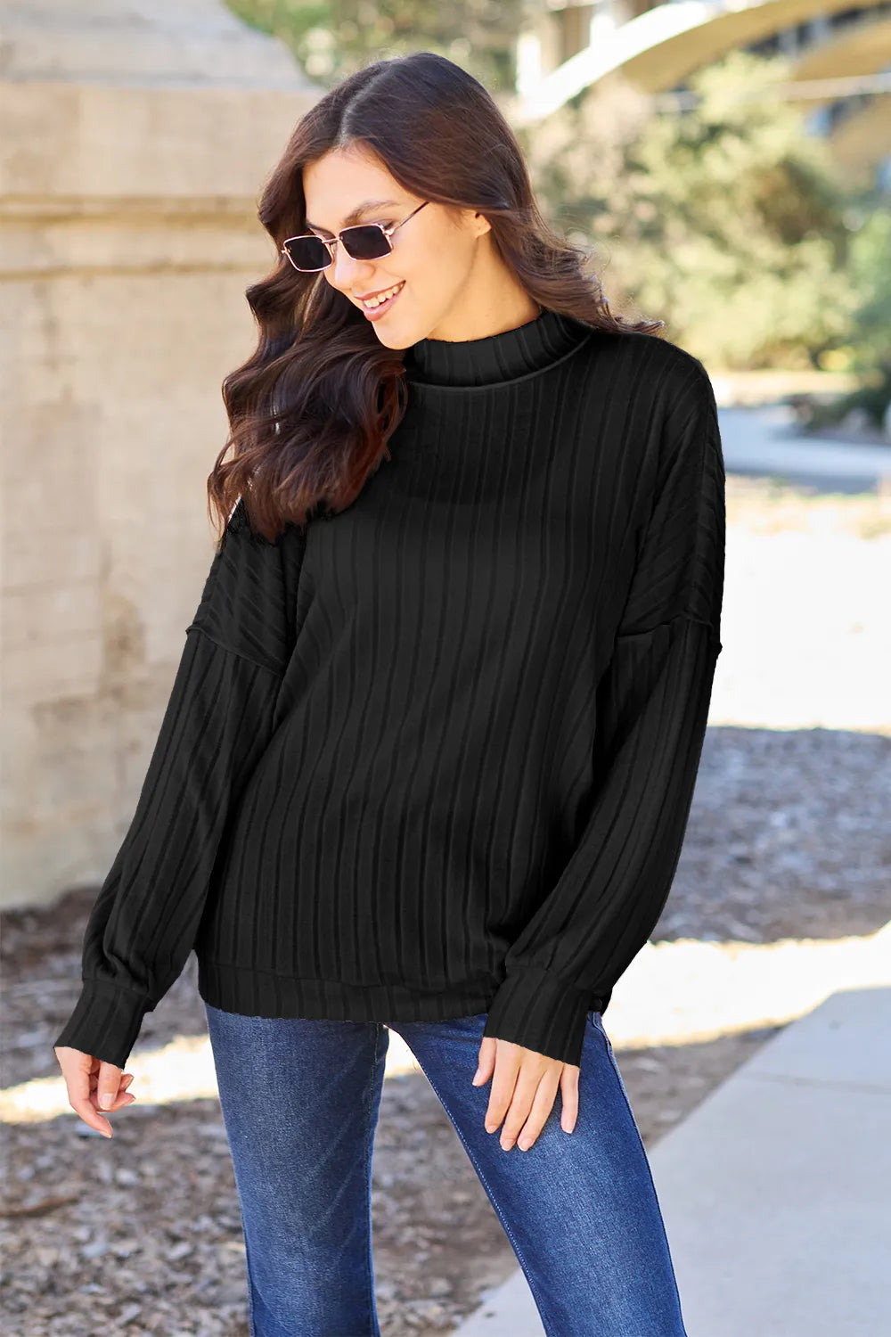 Basic Bae Full Size Ribbed Exposed Seam Mock Neck Knit Top 382cd1a0020741aa915f0606338dee7e-Max