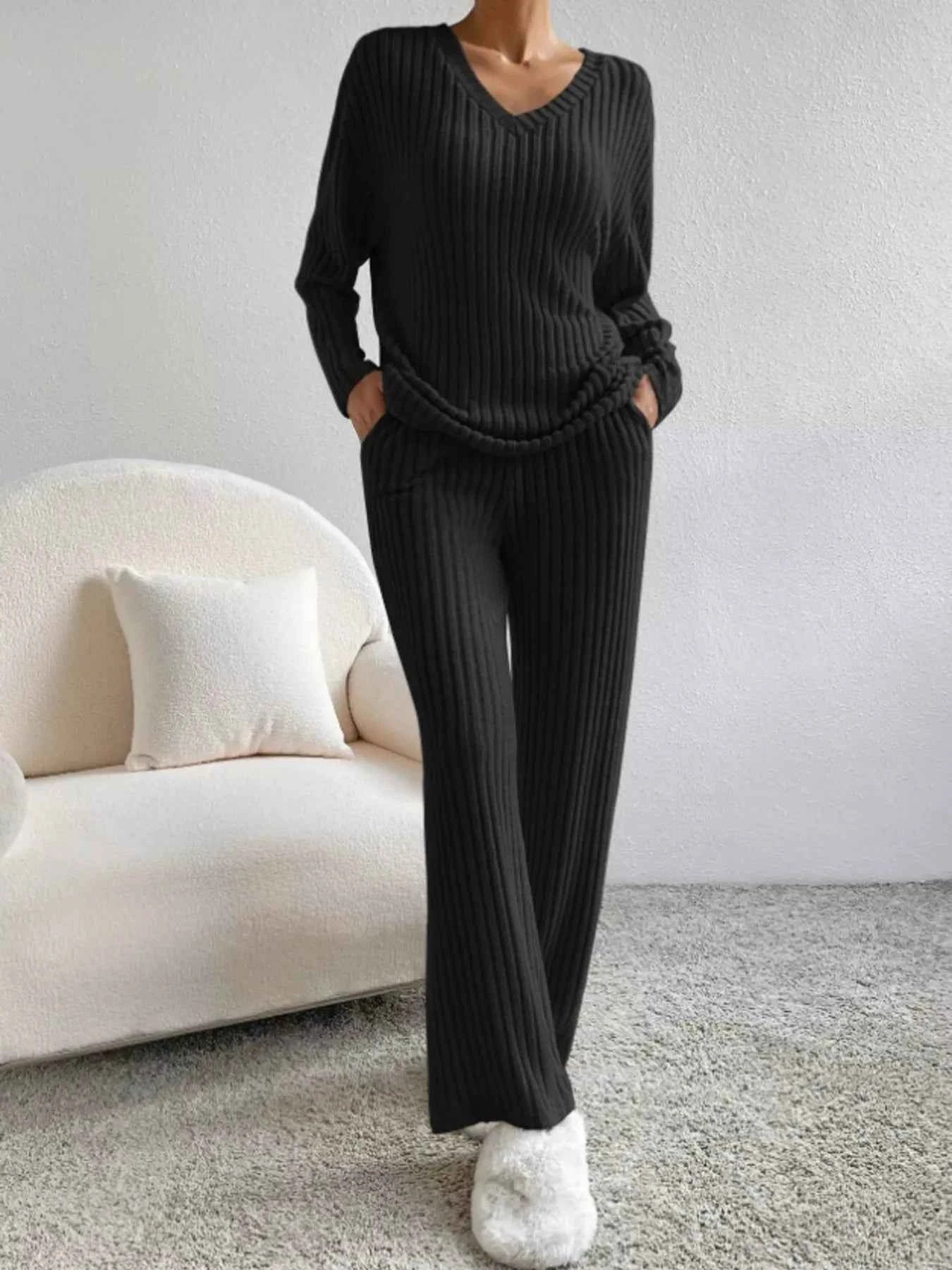 Ribbed Knit Long Sleeve Top and Pants Set Black 3835877553da47f88a44791750f4863a-Max-Origin