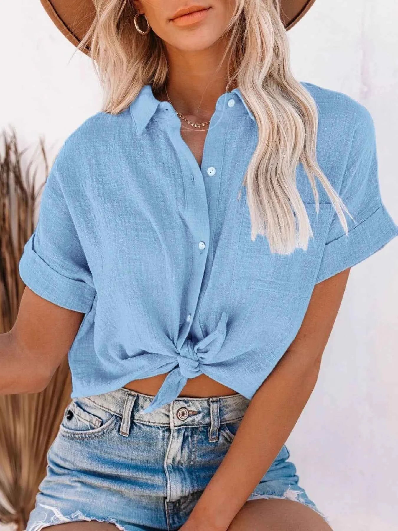 Full Size Button Up Short Sleeve Shirt Plus Size Sky Blue 383a9830-d486-4c2b-866f-9b8e6f5607da-Max-Origin