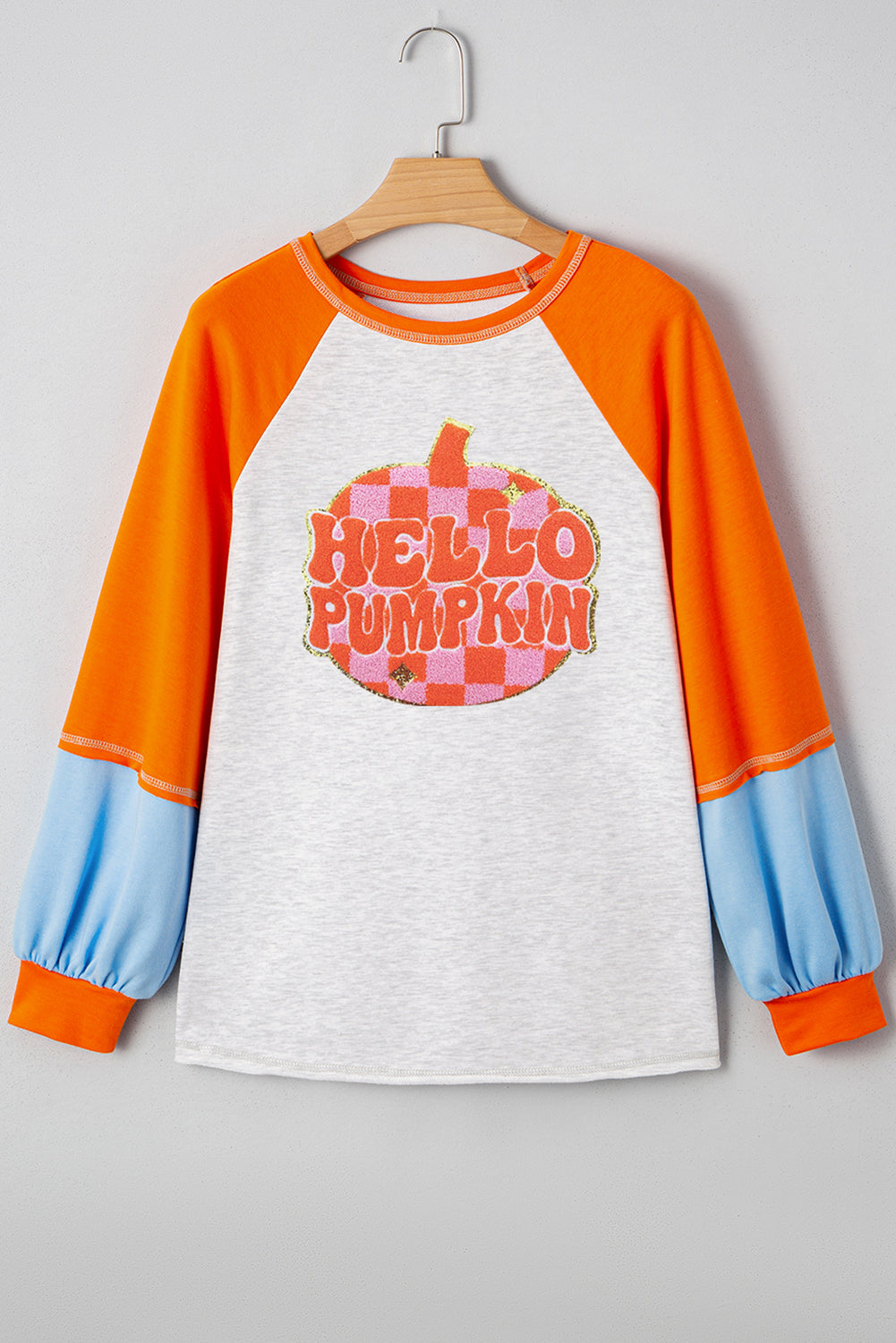 Light Grey HELLO PUMPKIN Patch Application Graphic Colorblock Raglan Sleeve Top 383cb1b2b95fd692