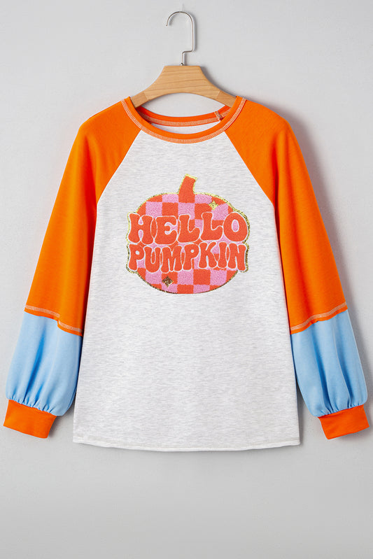 Light Grey HELLO PUMPKIN Patch Application Graphic Colorblock Raglan Sleeve Top 383cb1b2b95fd692