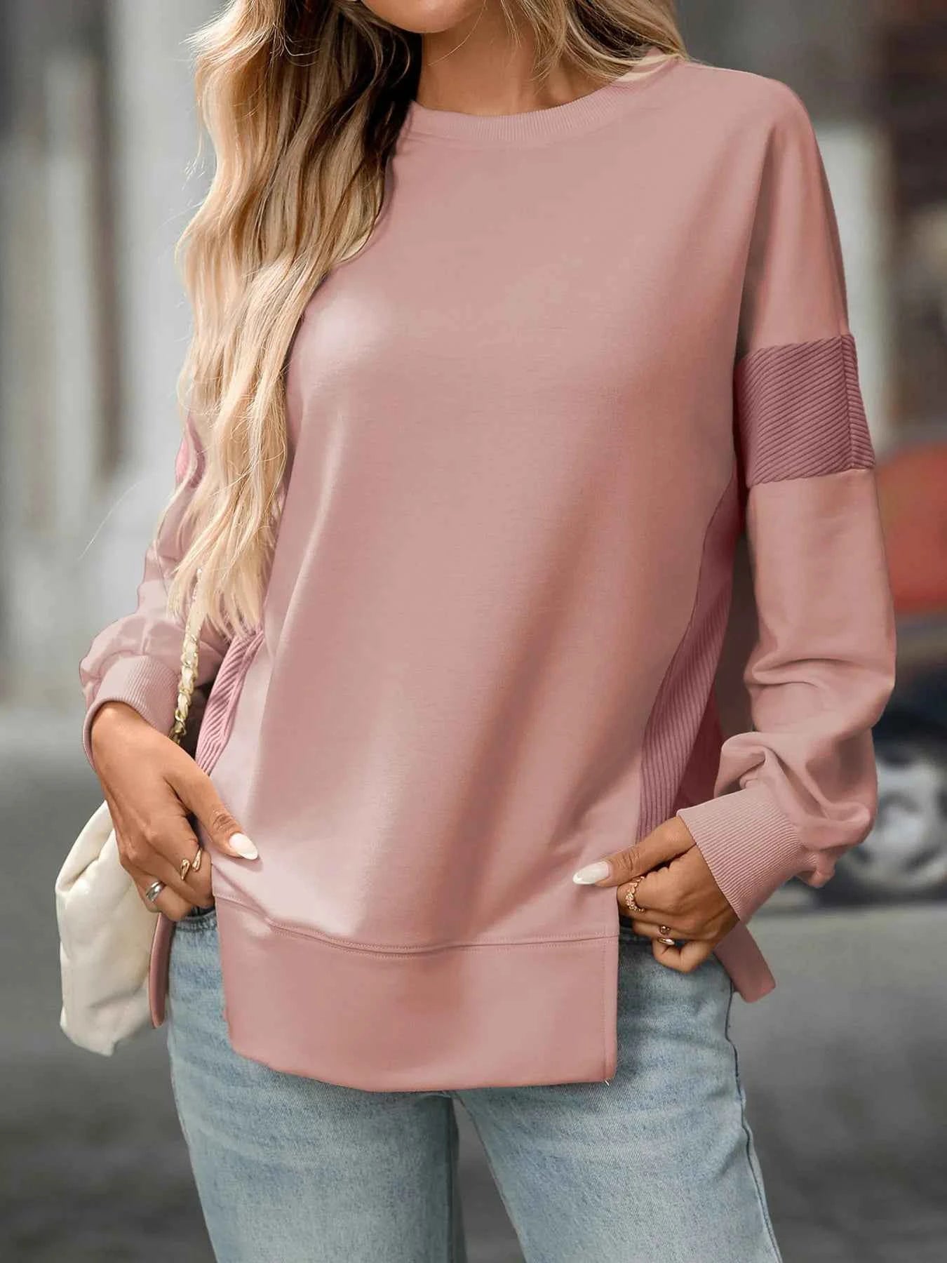 Slit Round Neck Long Sleeve Sweatshirt Pink 383cbd57039a41fd88850b805835e9d1-Max-Origin