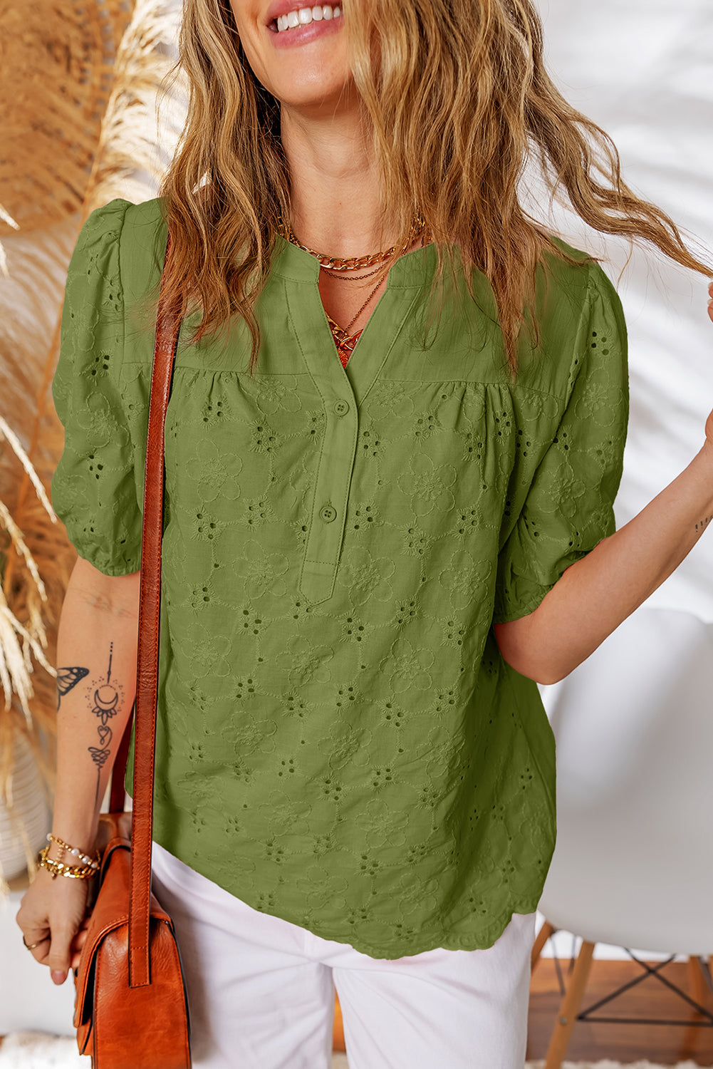 Vineyard Green Lace Crochet V Neck Half Sleeve Embroidery Button Down Blouses Casual Shirts 38402770701ee128