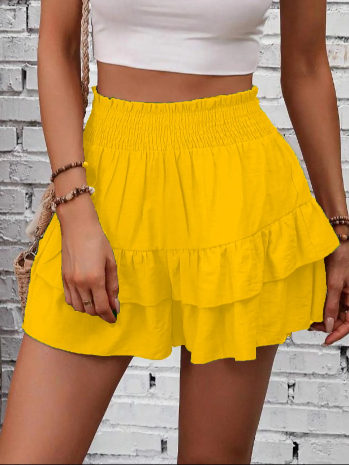 Ruffle Layered High Waist Casual Skort Yellow 384a6707-23c0-441a-8ca8-b1f45102807a-Max-Origin
