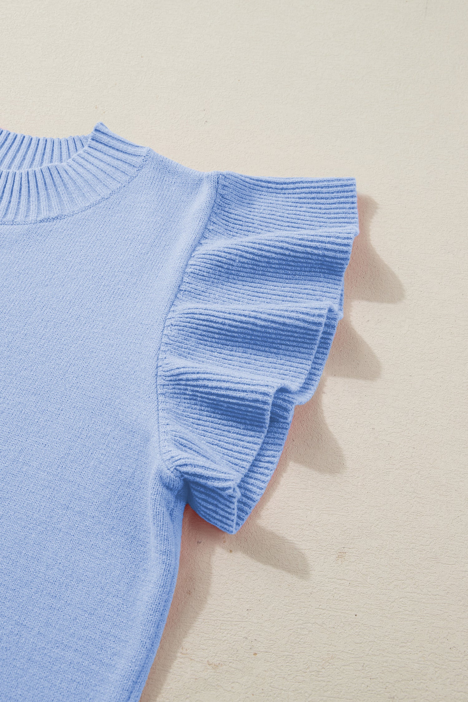Beau Blue Solid Color Ribbed Trim Round Neck Ruffle Short Sleeve Sweater 384b4d1a0fcb0b5b