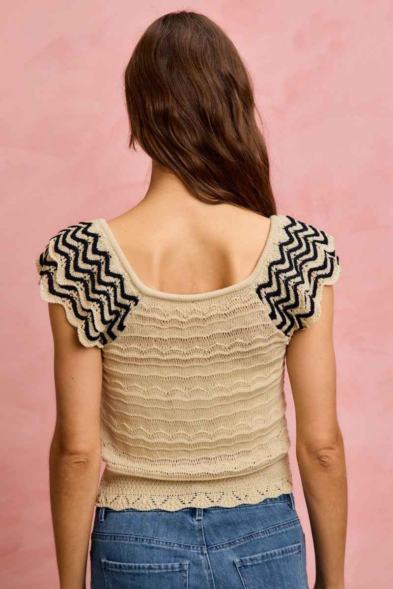 SO ME Wavy Textured Knit Top With Fluttered Sleeves 384eca4d4b214d148550971a9e22fa8f-Max