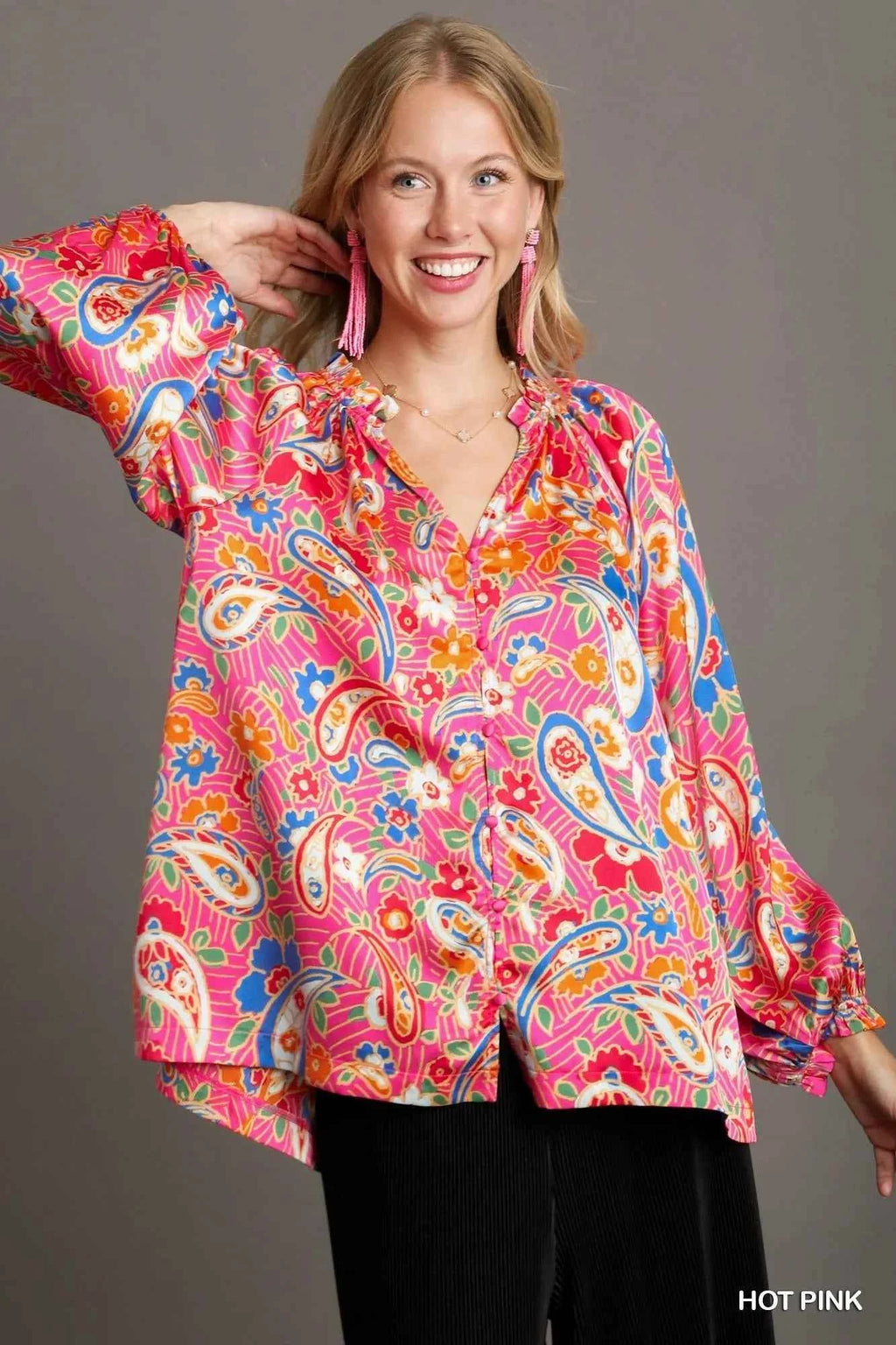 Umgee Full Size Satin Paisley Ruffle Neck Button-Up Shirt Plus Size Hot Pink 384ef7f5-c1ea-49b0-a59e-6e51dbdff3f9-Max-Origin