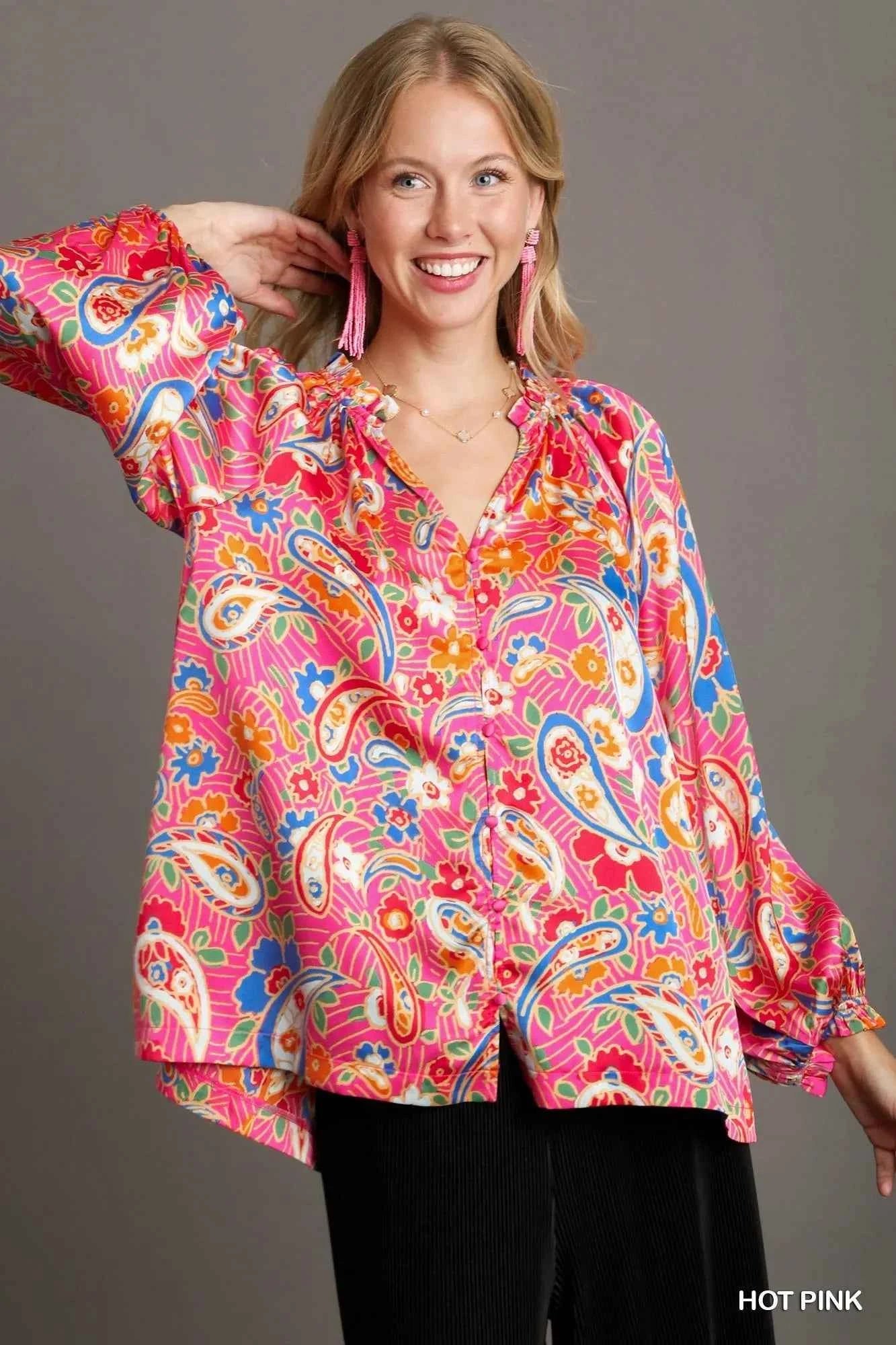 Umgee Full Size Satin Paisley Ruffle Neck Button-Up Shirt Plus Size Hot Pink 384ef7f5-c1ea-49b0-a59e-6e51dbdff3f9-Max-Origin