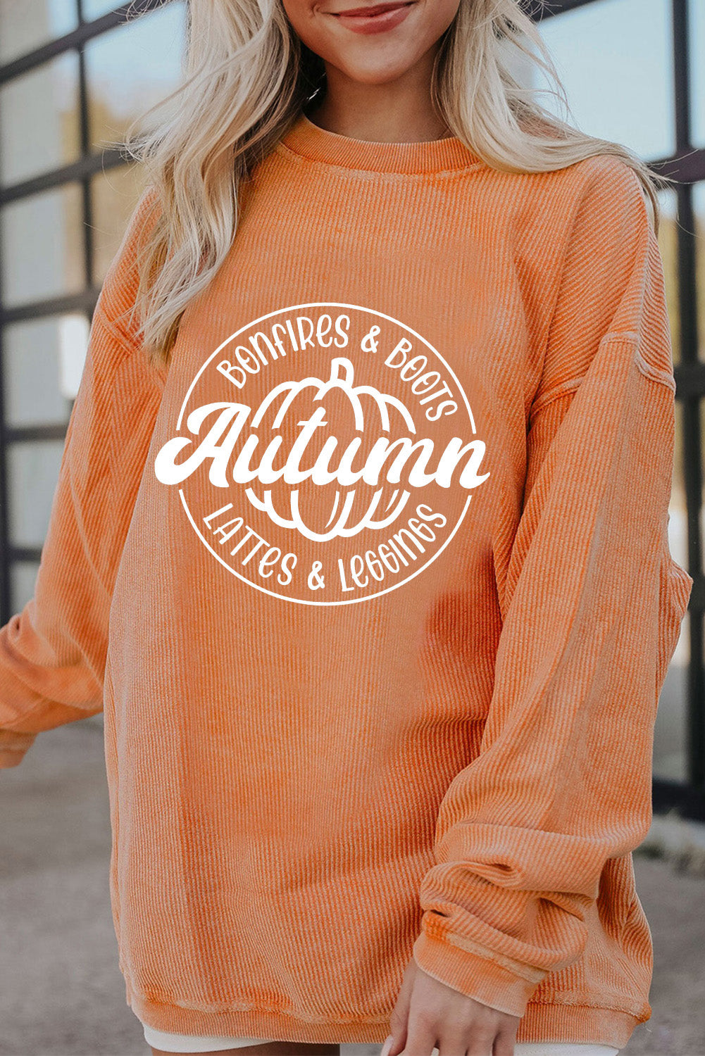 Orange Pumpkin Graphic Print Corded Oversized Sweatshirt 384f209659c9976d