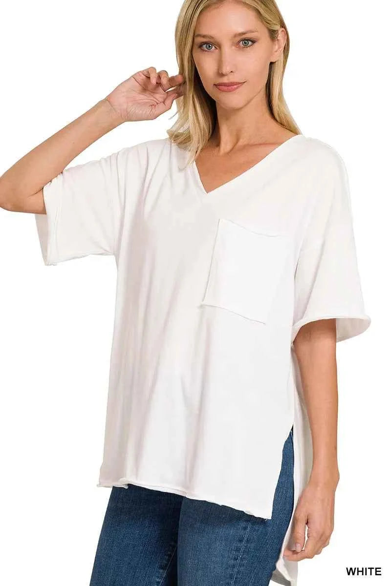 Zenana Front Pocket Raw Edge Boyfriend Tee WHITE 385b24fc26f54dafa52b90742184b900-Max-Origin