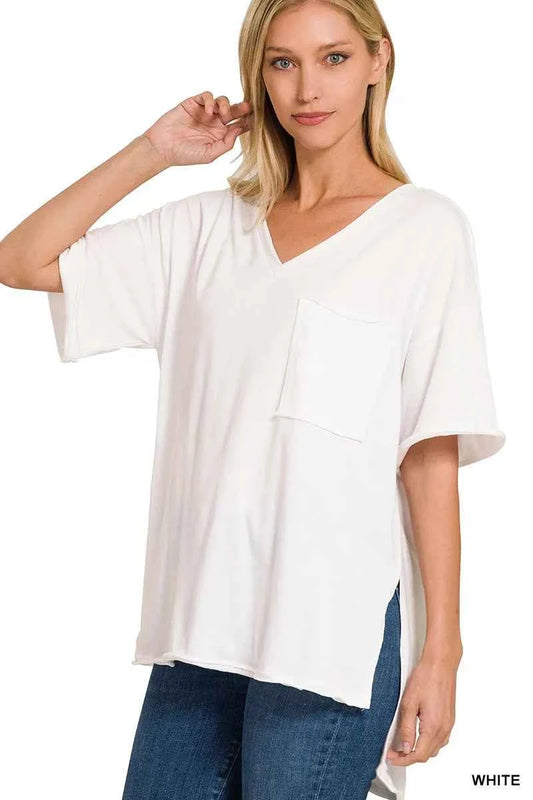 Zenana Front Pocket Raw Edge Boyfriend Tee WHITE 385b24fc26f54dafa52b90742184b900-Max-Origin