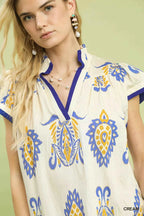 Umgee Border Print Split-Neck Boho Top 3863b06f-551a-417f-8b00-09565d49d769-Max-Origin