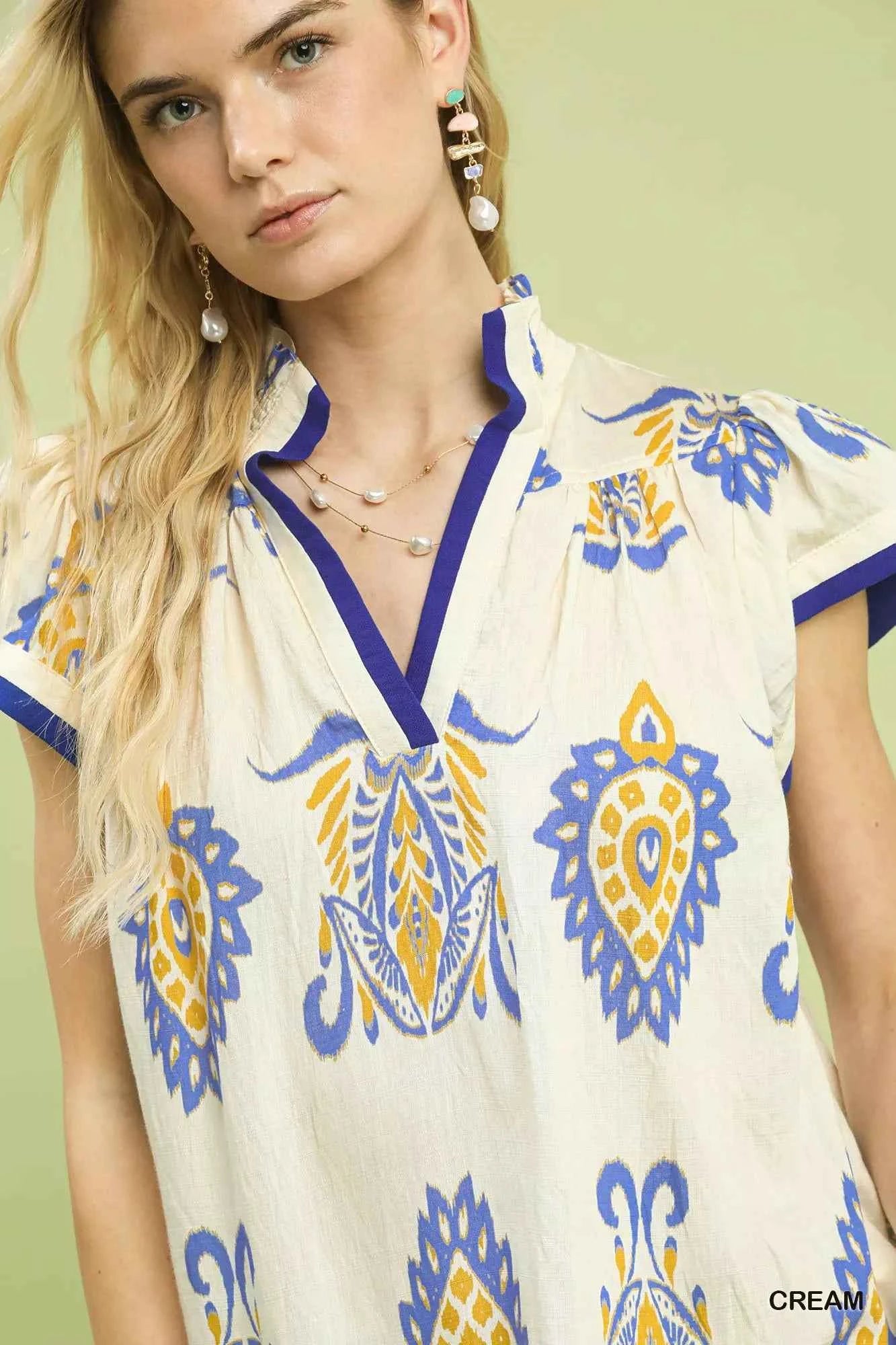 Umgee Border Print Split-Neck Boho Top 3863b06f-551a-417f-8b00-09565d49d769-Max-Origin