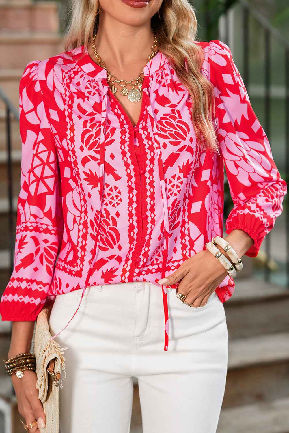 Strawberry Pink Floral Print Tie V Neck Blouse Strawberry Pink 100%Polyester 3863ddfc3acbeb35