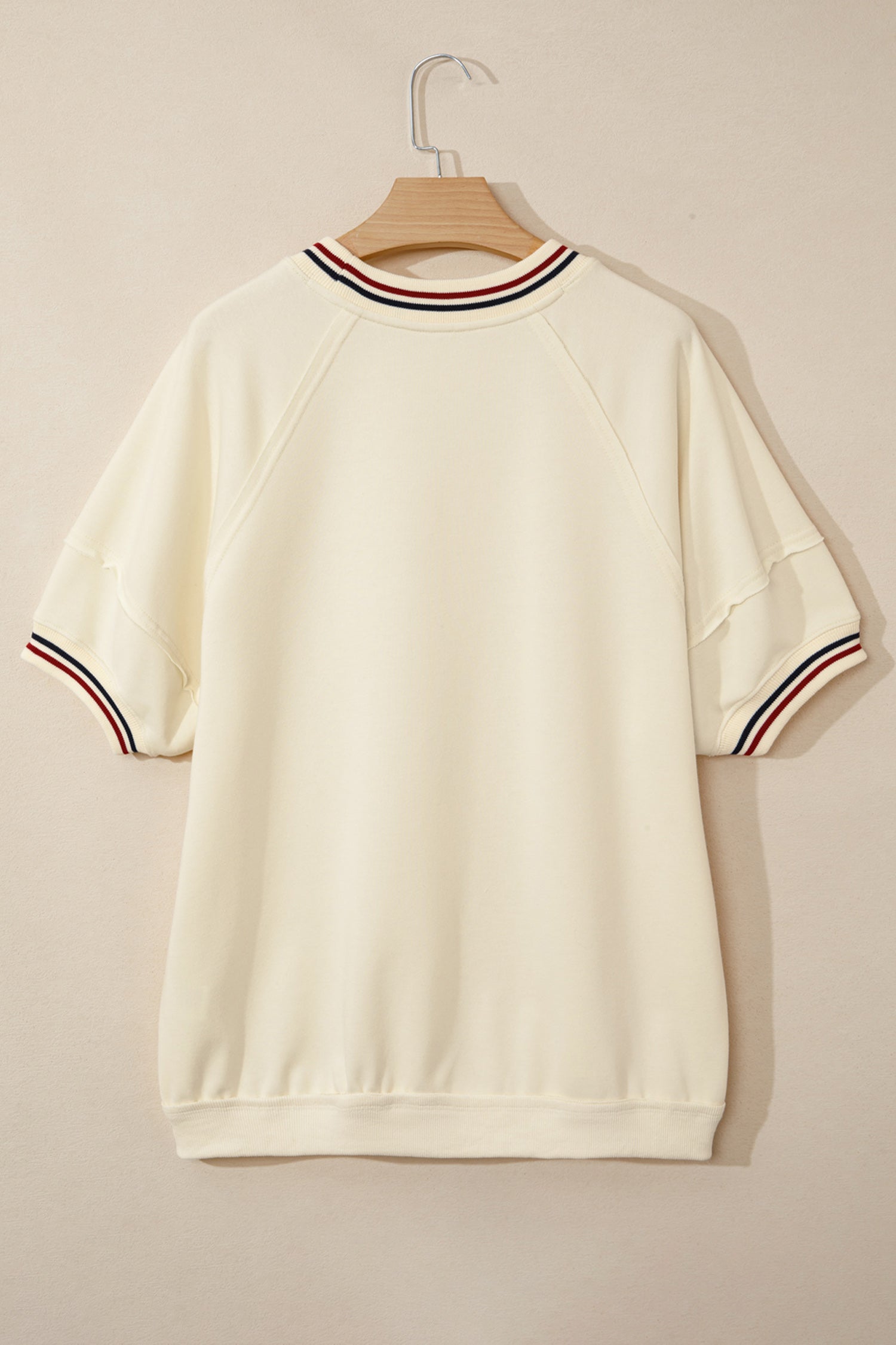 Beige Contrast Varsity Striped Neckline Cuffed Short Sleeve Loose Tunic Top 3865d6958c900a1c