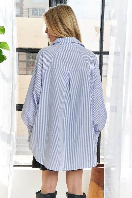 ADORA High-Low Striped Button Down Smocked Lantern Sleeve Shirt 38684a78-0f9a-427c-a943-1d9edbfaecf0-Max