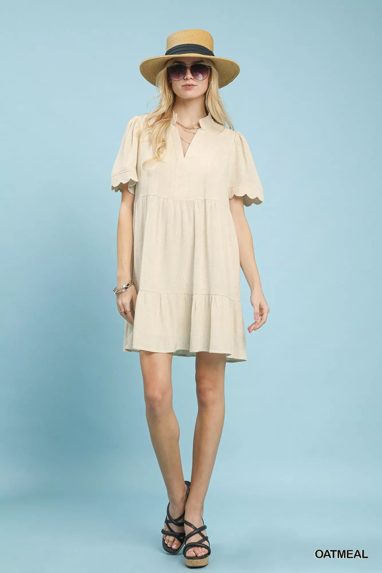 Umgee Linen Tiered Babydoll Dress with Scalloped Sleeves 3869ef84-1b75-4de0-bdae-a492d46ab31d-Max-Origin