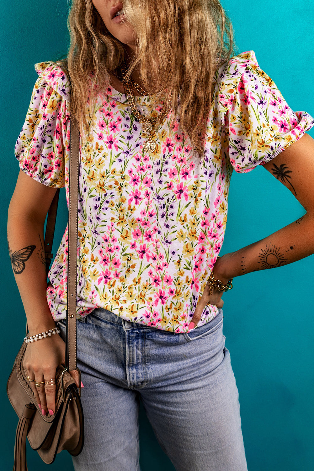 Pink Floral Puff Short Sleeve Crewneck Blouse 3871293b8b251ff7
