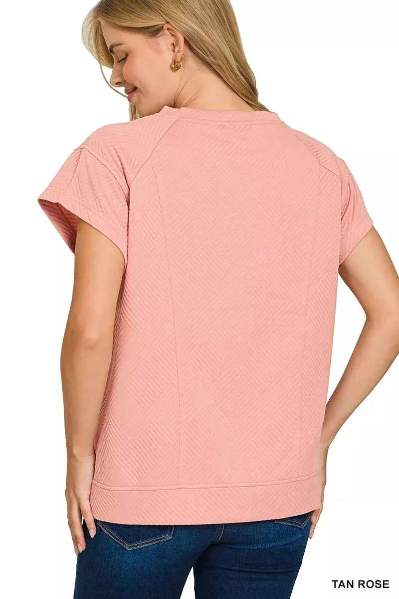 Zenana Textured Knit Jacquard Short Sleeve Top 38775fc9fc874fd9b9891b611685343a-Max-Origin